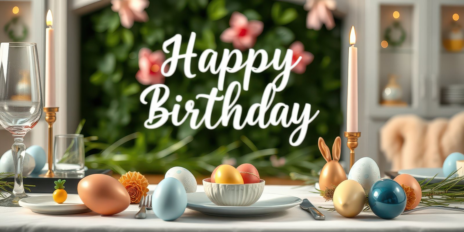 Birthday celebration on a festive table with colorful decorations and spring themes in a cozy indoor setting